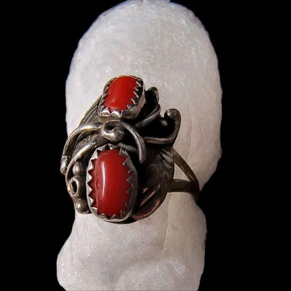 Vintage Native American Red Coral Split Shank Ring Small Size - Picture 7 of 12